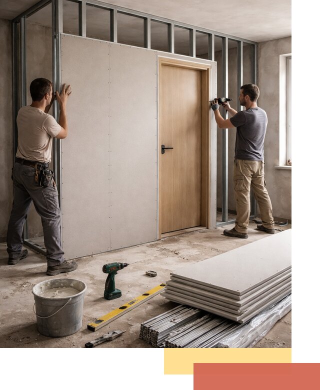 Перегородка из гипсокартона с дверью под ключ в Белорецке