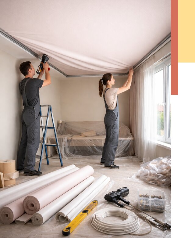 Монтаж цветного натяжного потолка в Белорецке от 4258 руб/м² — быстро и недорого | ОТДЕЛОЧНИК-Блр