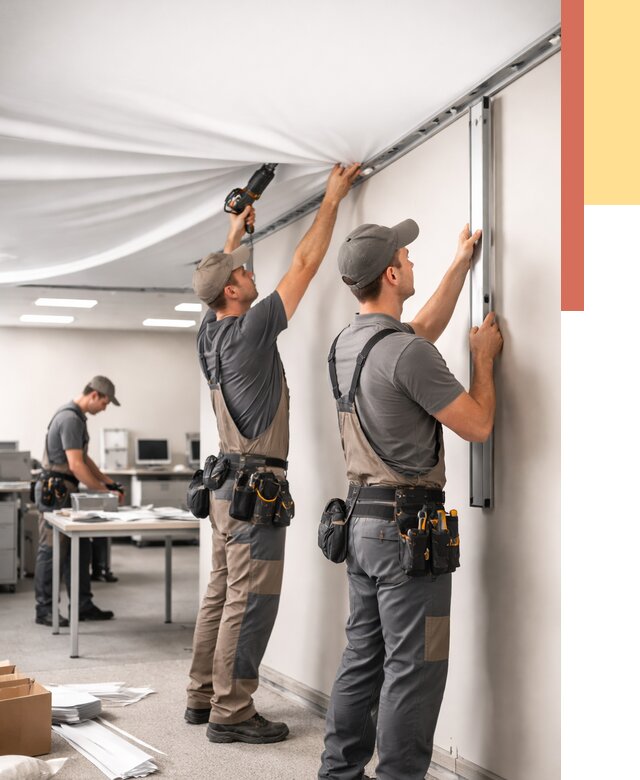 Монтаж натяжного потолка в офисе в Белорецке от 456 руб/м² — быстро и недорого | ОТДЕЛОЧНИК-Блр