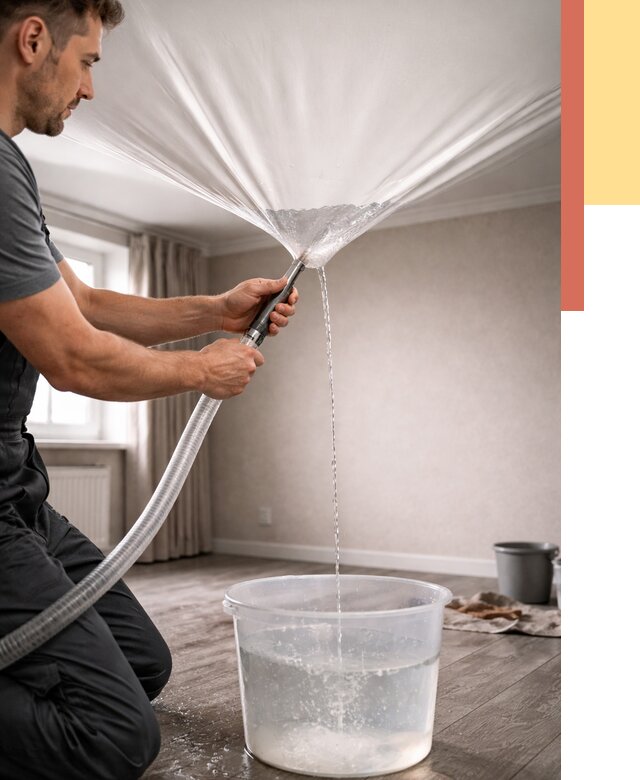 Слив воды с натяжного потолка в Белорецке от 2534 руб. быстро и недорого | ОТДЕЛОЧНИК-Блр