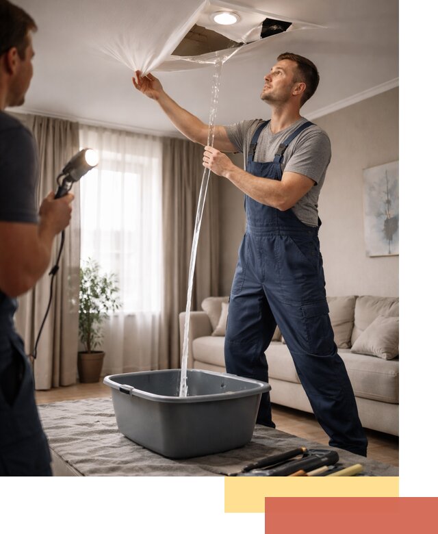 Слив воды с натяжного потолка в Белорецке быстро и аккуратно